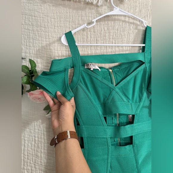 House of CB CALTINA' TEAL BANDAGE AND MESH DRESS WITH BARDOT NECKLINE - Picture 8 of 10